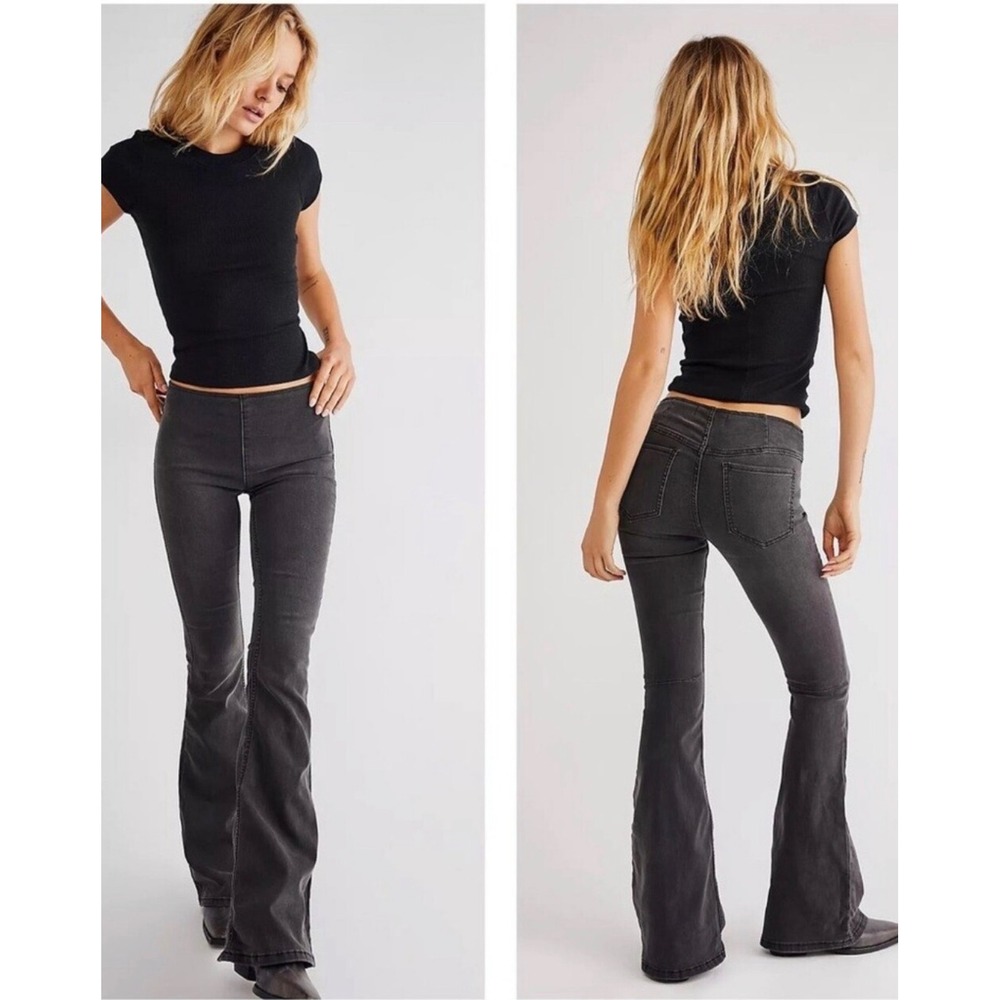 Free People Penny Pull-On Flare Jeans Womens 31 Black Bell Bottom Stretch Denim